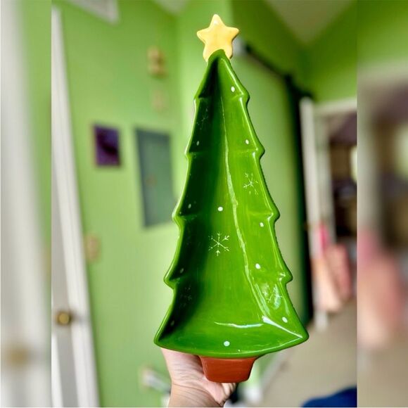 Green Festive Ceramic Christmas Tree Kitchen Table Dish Decorative Accent Art - Picture 1 of 7